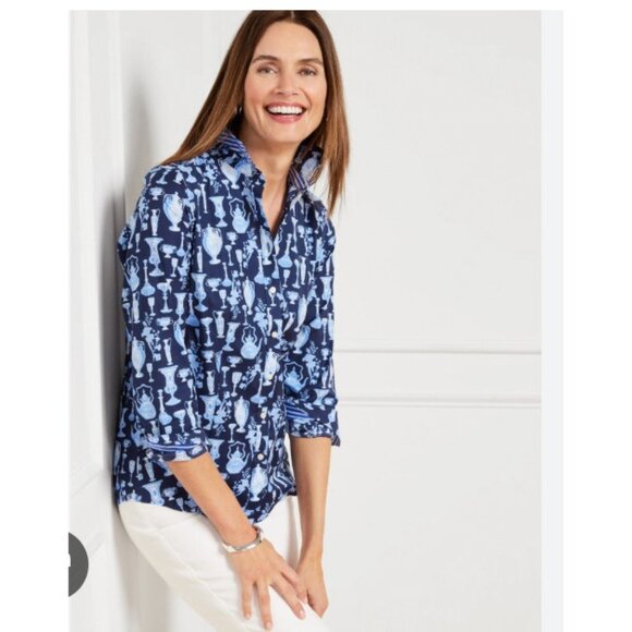Talbots Shirt Womens 10 Navy Blue Non-Iron Porcelain Vase Print Button Front - Picture 1 of 5